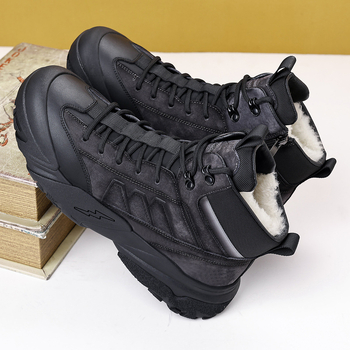 Ghete Martin din piele pentru bărbați, căptușite cu lână – partea superioară din piele de vacă, căptușeală din lână, talpă din cauciuc, vârf rotund, talpă cusută