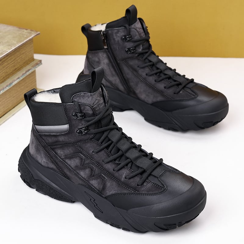 Ghete Martin din piele pentru bărbați, căptușite cu lână – partea superioară din piele de vacă, căptușeală din lână, talpă din cauciuc, vârf rotund, talpă cusută