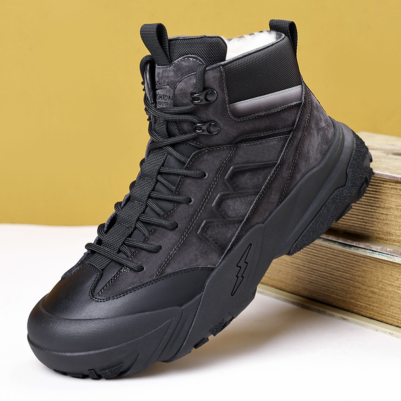 Ghete Martin din piele pentru bărbați, căptușite cu lână – partea superioară din piele de vacă, căptușeală din lână, talpă din cauciuc, vârf rotund, talpă cusută