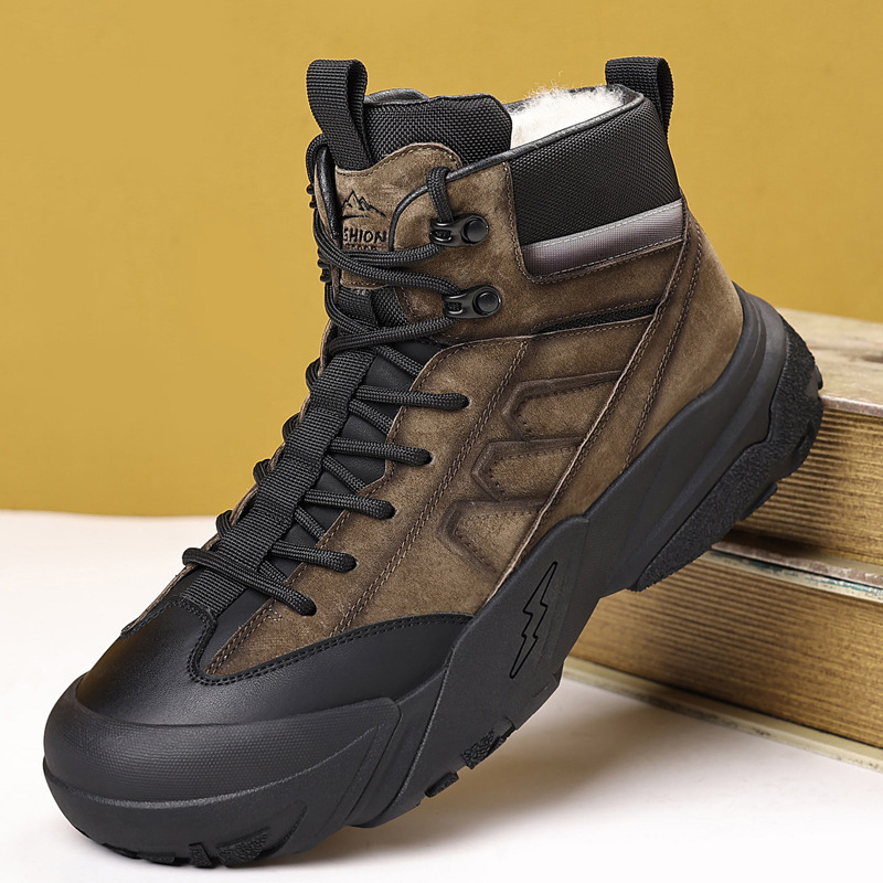 Ghete Martin din piele pentru bărbați, căptușite cu lână – partea superioară din piele de vacă, căptușeală din lână, talpă din cauciuc, vârf rotund, talpă cusută