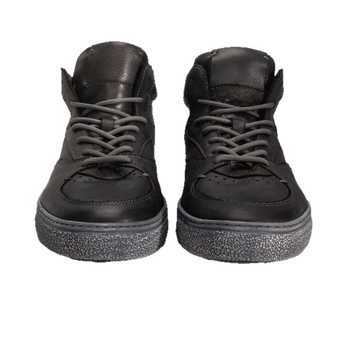 Ghete din piele pentru bărbați mid-top, upper din piele de vițel, talpă din cauciuc, vârf rotund, toc 3–5 cm, închidere frontală