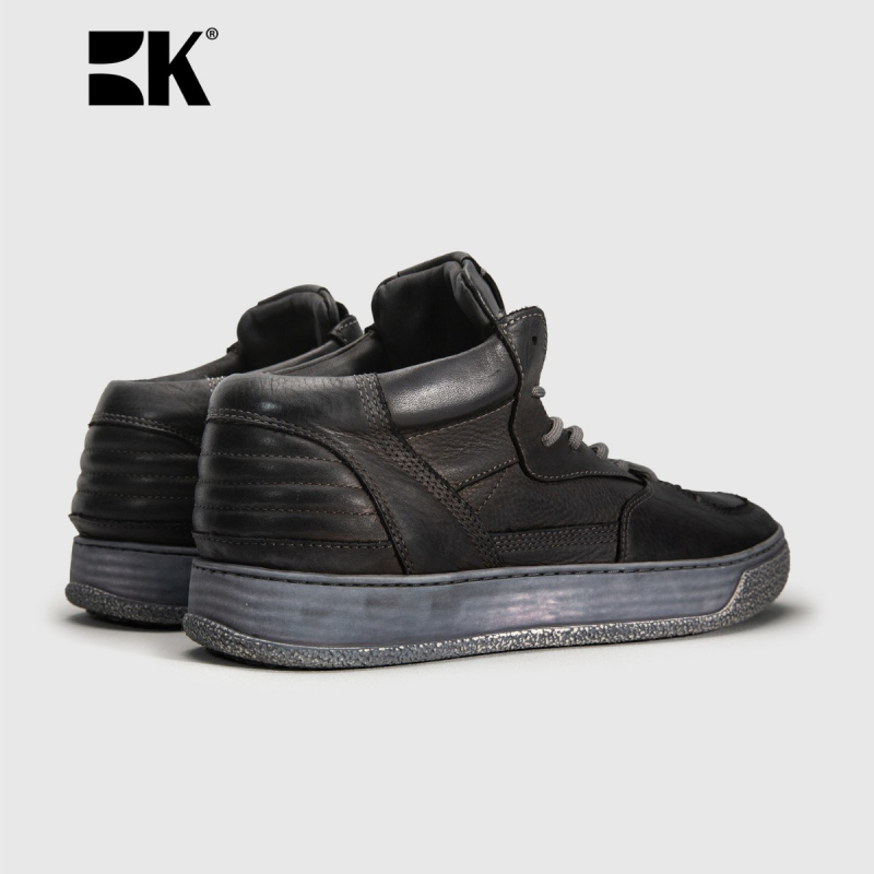 Ghete din piele pentru bărbați mid-top, upper din piele de vițel, talpă din cauciuc, vârf rotund, toc 3–5 cm, închidere frontală