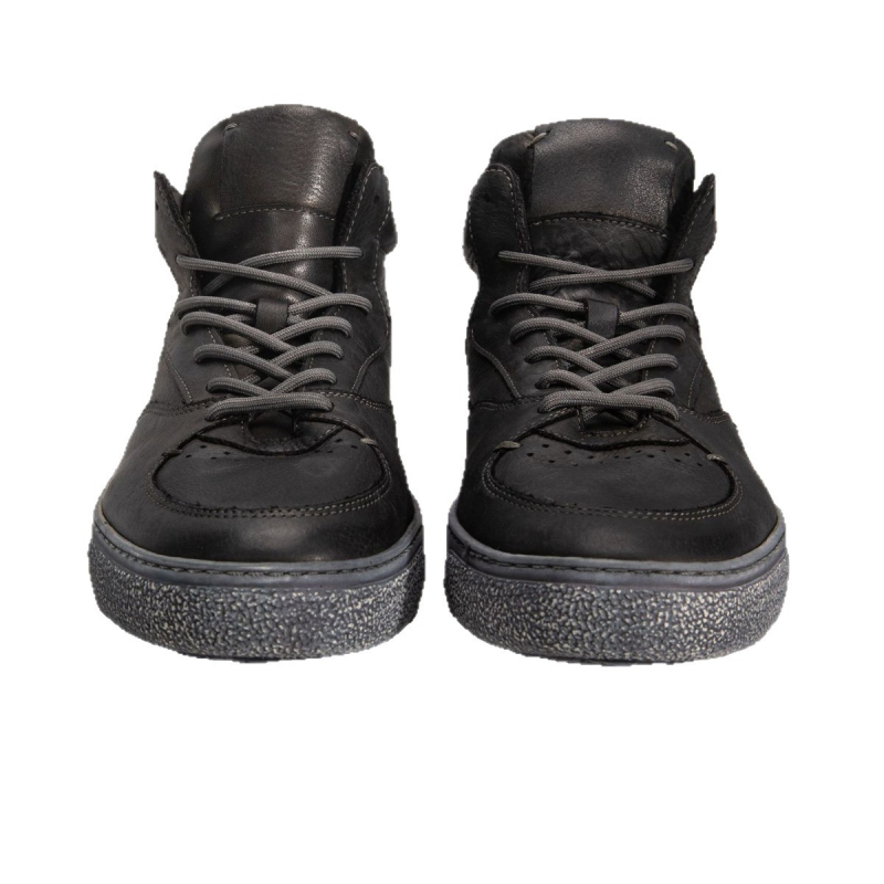 Ghete din piele pentru bărbați mid-top, upper din piele de vițel, talpă din cauciuc, vârf rotund, toc 3–5 cm, închidere frontală