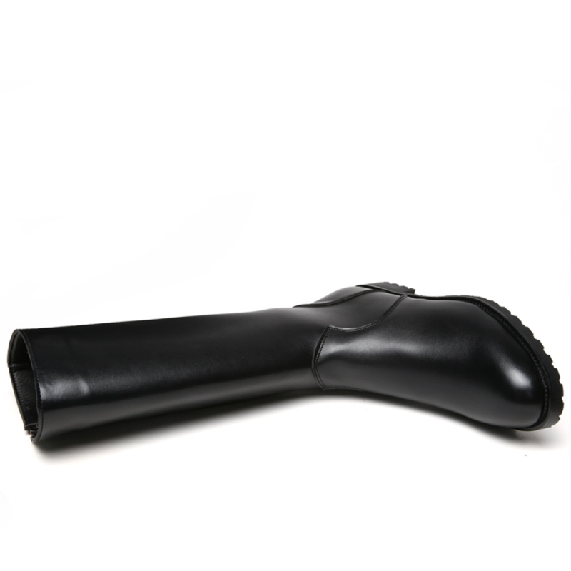 Cizme de cavaler peste genunchi, cu partea superioară din PU, fermoar lateral și toc gros plat