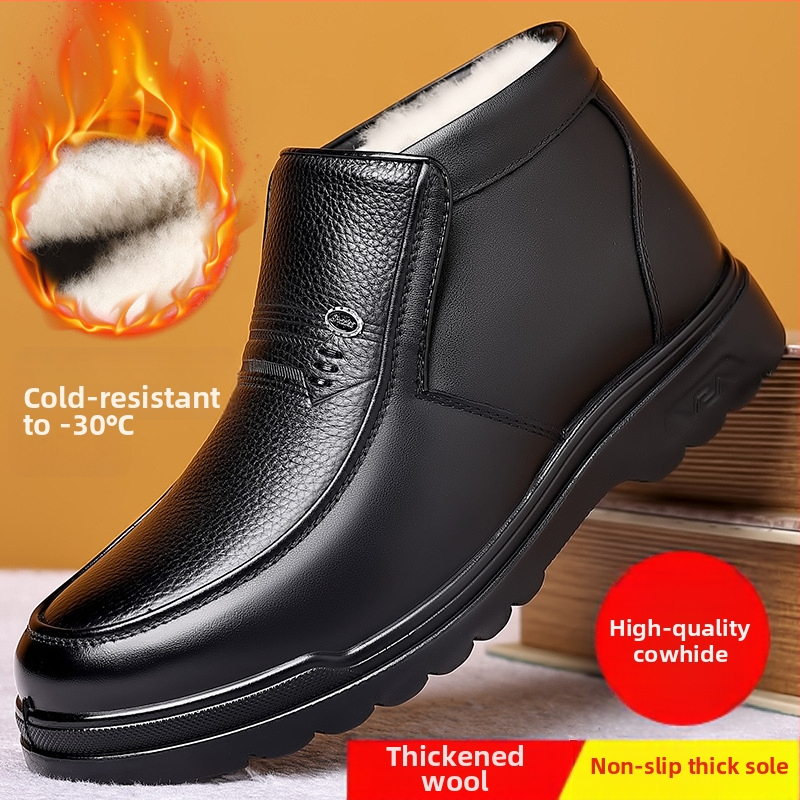 Ghete de iarnă pentru bărbați – partea superioară din piele, talpă PU, branț din blană artificială, vârf rotund, stil casual