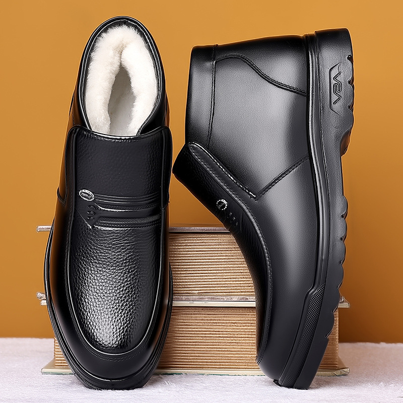 Ghete de iarnă pentru bărbați – partea superioară din piele, talpă PU, branț din blană artificială, vârf rotund, stil casual