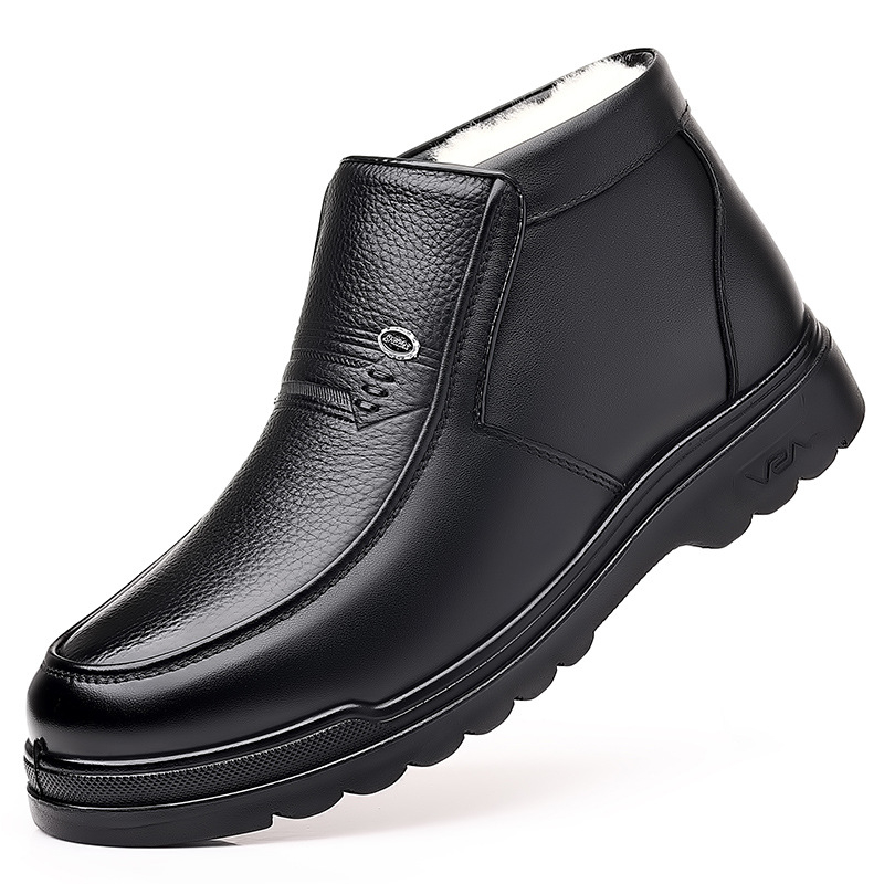 Ghete de iarnă pentru bărbați – partea superioară din piele, talpă PU, branț din blană artificială, vârf rotund, stil casual