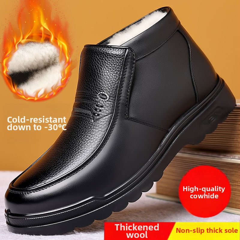 Ghete de iarnă pentru bărbați – partea superioară din piele, talpă PU, branț din blană artificială, vârf rotund, stil casual