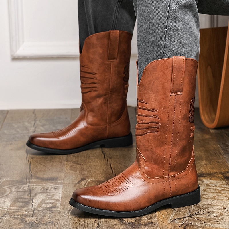 Muške PU kožne čizme Knight boots, šiljat vrh, niski klinasti potplat 1–3 cm, gumeni potplat