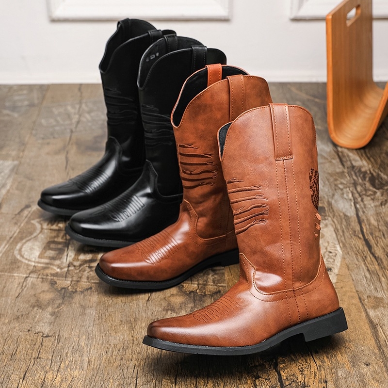 Muške PU kožne čizme Knight boots, šiljat vrh, niski klinasti potplat 1–3 cm, gumeni potplat