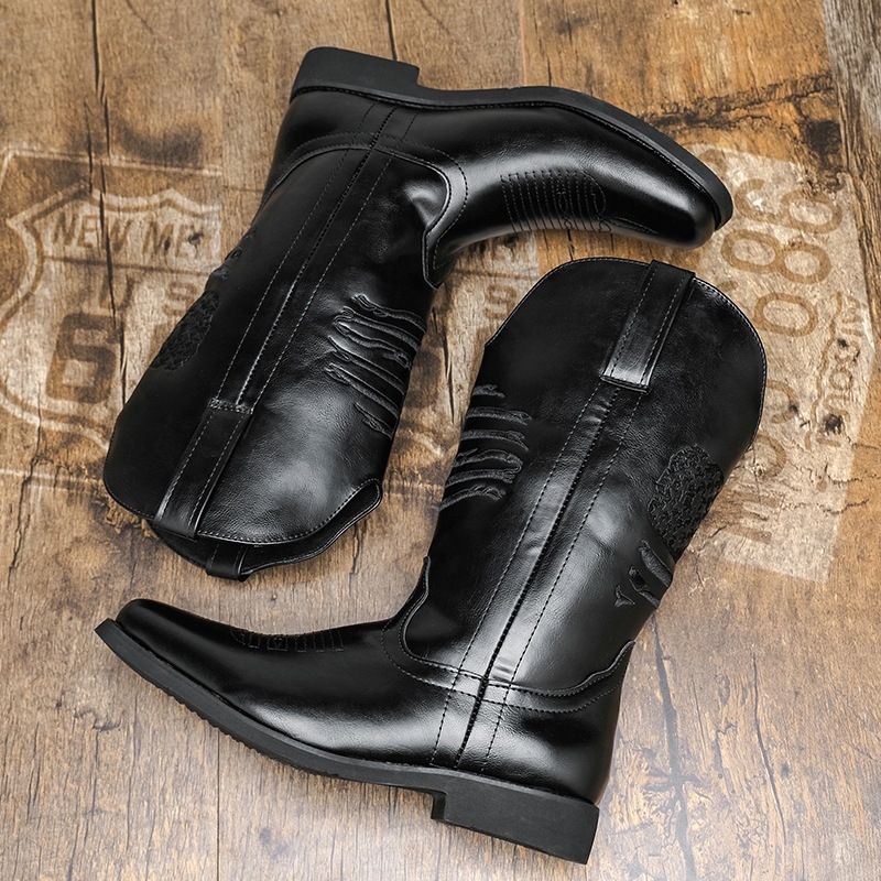 Muške PU kožne čizme Knight boots, šiljat vrh, niski klinasti potplat 1–3 cm, gumeni potplat