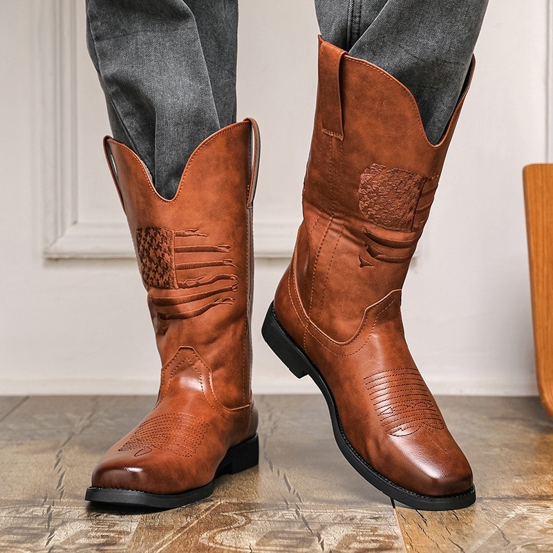 Muške PU kožne čizme Knight boots, šiljat vrh, niski klinasti potplat 1–3 cm, gumeni potplat