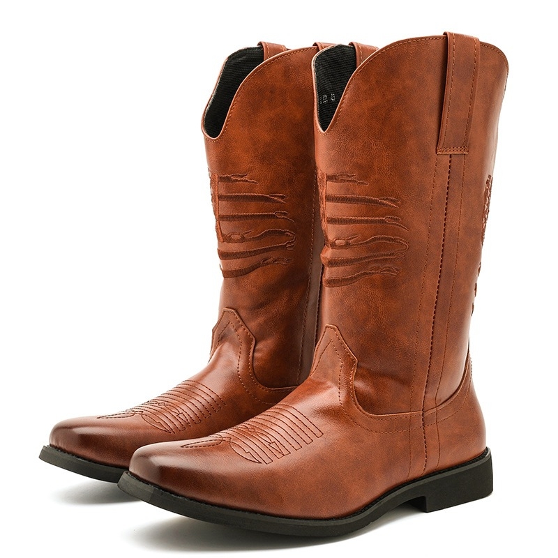 Muške PU kožne čizme Knight boots, šiljat vrh, niski klinasti potplat 1–3 cm, gumeni potplat