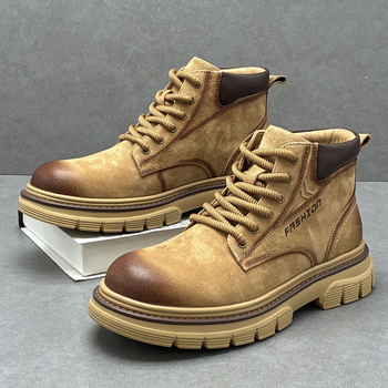 Ghete Martin pentru bărbați, din piele de porc de primă calitate, gleznă medie, vârf rotund, toc mediu (3–5 cm), talpă din spumă