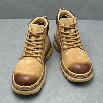 Ghete Martin pentru bărbați, din piele de porc de primă calitate, gleznă medie, vârf rotund, toc mediu (3–5 cm), talpă din spumă