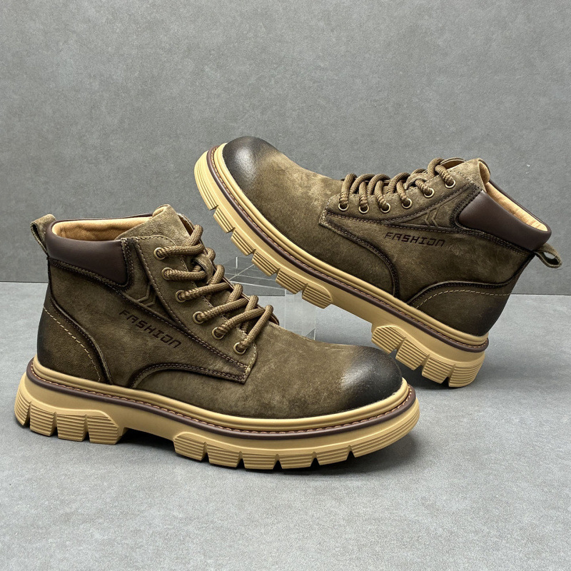 Ghete Martin pentru bărbați, din piele de porc de primă calitate, gleznă medie, vârf rotund, toc mediu (3–5 cm), talpă din spumă