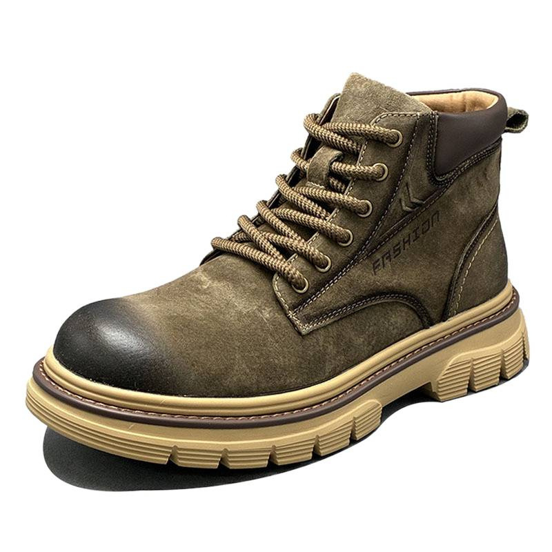 Ghete Martin pentru bărbați, din piele de porc de primă calitate, gleznă medie, vârf rotund, toc mediu (3–5 cm), talpă din spumă