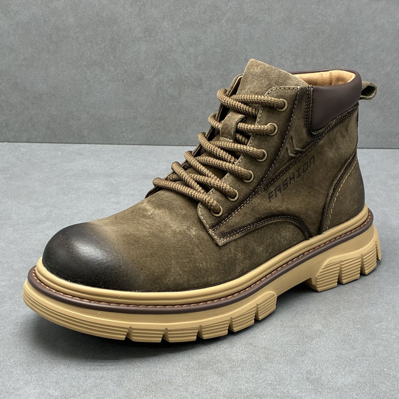 Ghete Martin pentru bărbați, din piele de porc de primă calitate, gleznă medie, vârf rotund, toc mediu (3–5 cm), talpă din spumă