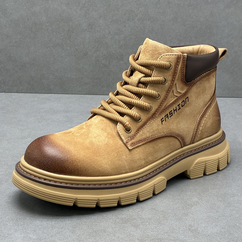 Ghete Martin pentru bărbați, din piele de porc de primă calitate, gleznă medie, vârf rotund, toc mediu (3–5 cm), talpă din spumă