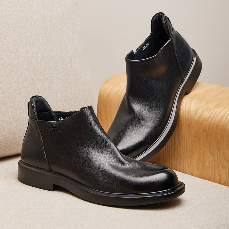 Chelsea мъжки ботуши от кожа, подплата от флийс, гумена подметка, страничен цип, ниска пета