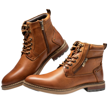 Férfi Martin bőr csizmák - valódi bőr, magas szár, fűző, oldalsó cipzár, bolyhos bélés, csúszásmentes talp