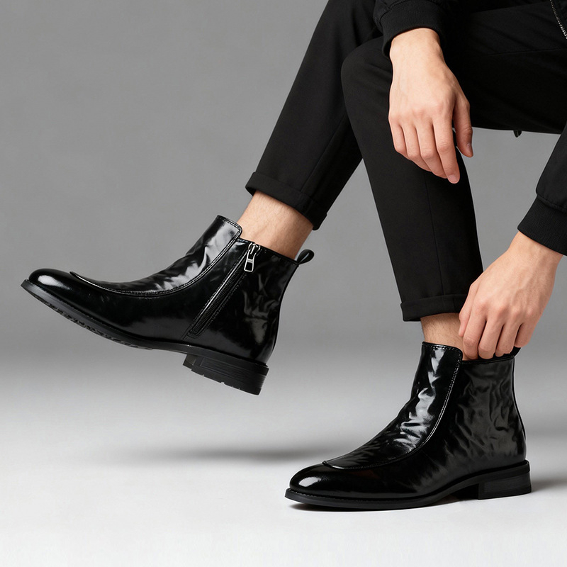 Мъжки Челси обувки с цип, висок връх, кожена горна част, заострен нос, топла подплата