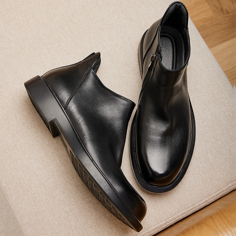 Chelsea мъжки кожени обувки от първи слой кожа, подплата от флийс, гумена подметка, страничен цип, зимен модел