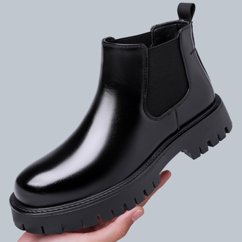 Мъжки зимни високи ботуши от синтетична кожа, гумена подметка, средно голенище, кръгла носна част