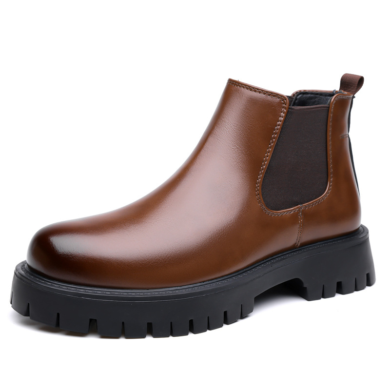 Мъжки зимни високи ботуши от синтетична кожа, гумена подметка, средно голенище, кръгла носна част