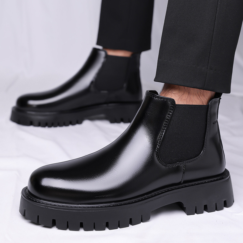 Мъжки зимни високи ботуши от синтетична кожа, гумена подметка, средно голенище, кръгла носна част