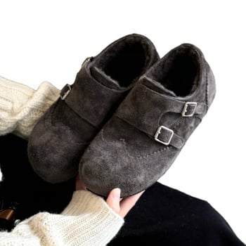 Casual ženske kožne loafers - okrugli nos, gornji dio od split kože, velur podstava, zatvaranje Velcro, gumeni potplat