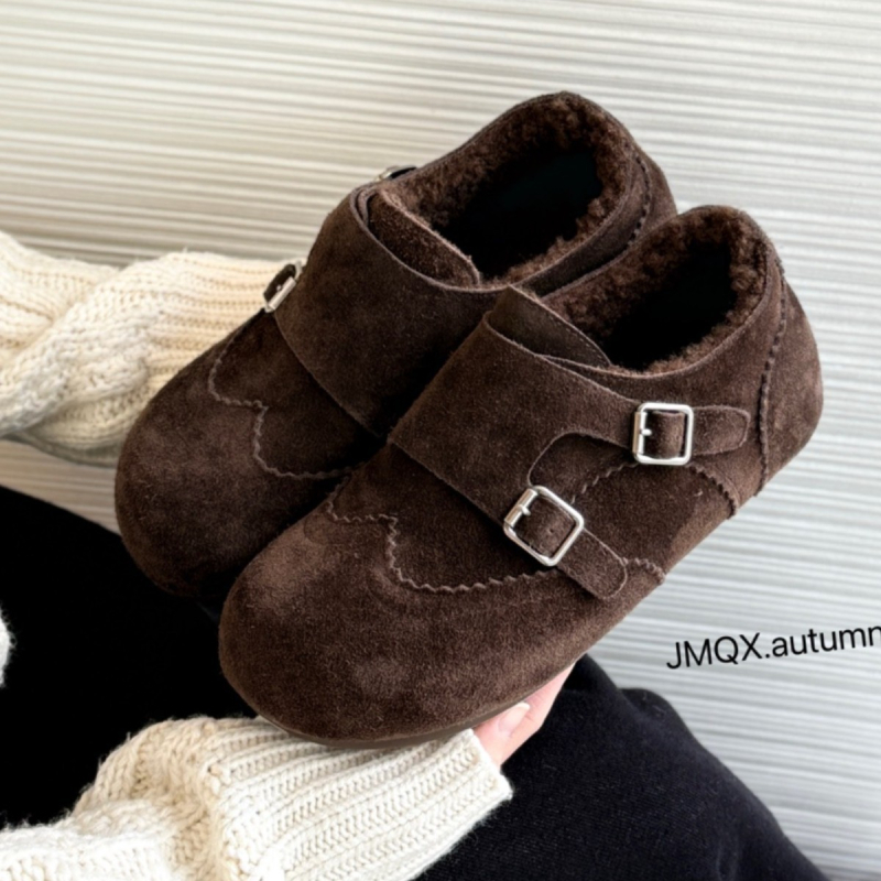 Casual ženske kožne loafers - okrugli nos, gornji dio od split kože, velur podstava, zatvaranje Velcro, gumeni potplat