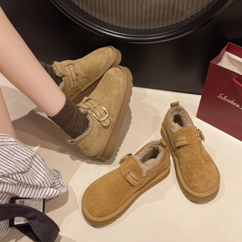 Ženske zimske slip-on čizme s debelim potplatom, gornji dio od umjetne PU, gumena podstava, okrugli vrh, niski kroj, srednji potpetica 3–5 cm, ulošak od umjetnog krzna, topla podstava, korejskog stila