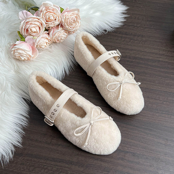 Ženske Mary Jane loaferice s krznom na gornjem dijelu, korejski stil, niski pet 1-3 cm, gumeni potplat, unutarnja podstava od umjetne vune