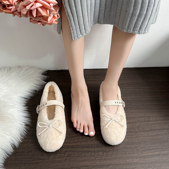Ženske Mary Jane loaferice s krznom na gornjem dijelu, korejski stil, niski pet 1-3 cm, gumeni potplat, unutarnja podstava od umjetne vune