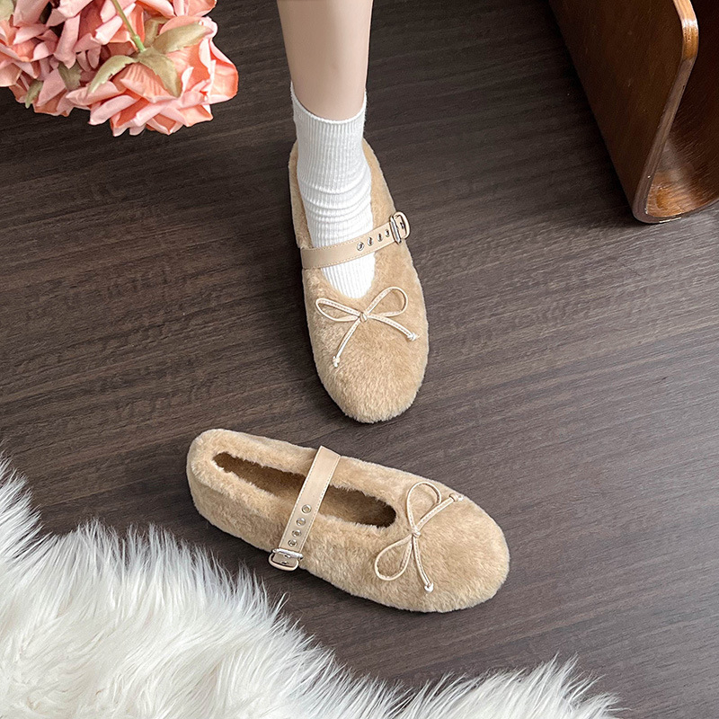Ženske Mary Jane loaferice s krznom na gornjem dijelu, korejski stil, niski pet 1-3 cm, gumeni potplat, unutarnja podstava od umjetne vune