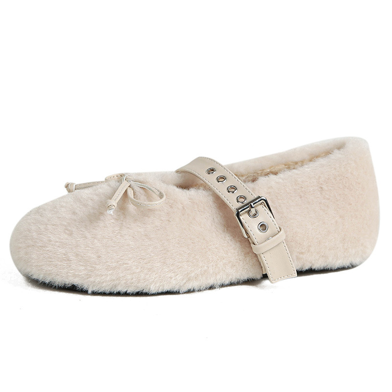 Ženske Mary Jane loaferice s krznom na gornjem dijelu, korejski stil, niski pet 1-3 cm, gumeni potplat, unutarnja podstava od umjetne vune