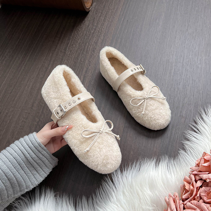Ženske Mary Jane loaferice s krznom na gornjem dijelu, korejski stil, niski pet 1-3 cm, gumeni potplat, unutarnja podstava od umjetne vune