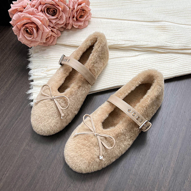 Ženske Mary Jane loaferice s krznom na gornjem dijelu, korejski stil, niski pet 1-3 cm, gumeni potplat, unutarnja podstava od umjetne vune