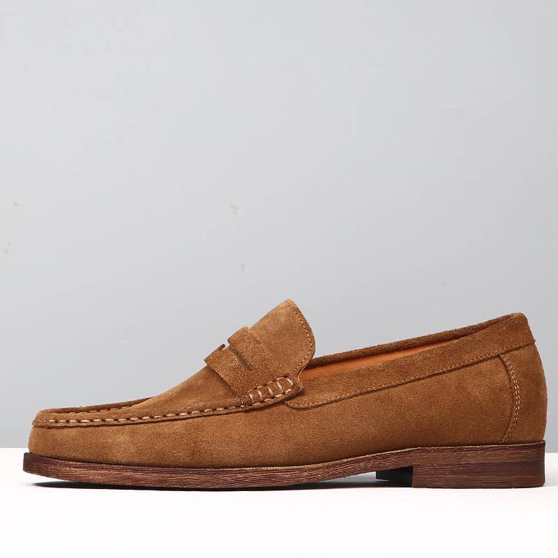 Muški kožni loaferi, slip-on, kvadratni vrh, frosted završetak, gumeni potplat, niski potpetica 1–3 cm, prozračni i protuklizni, koža uloška