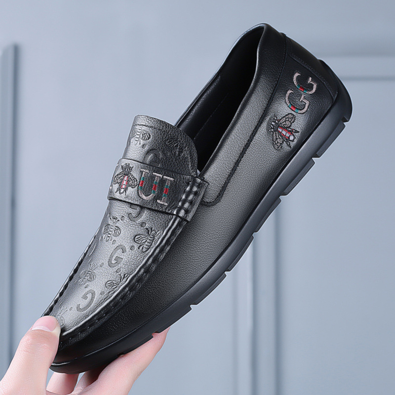 Muške Slip-On Bean Shoes od kože prvog sloja teleće kože, gumeni potplat, zaobljeni vrh, uložak od svinjske kože, prozračne