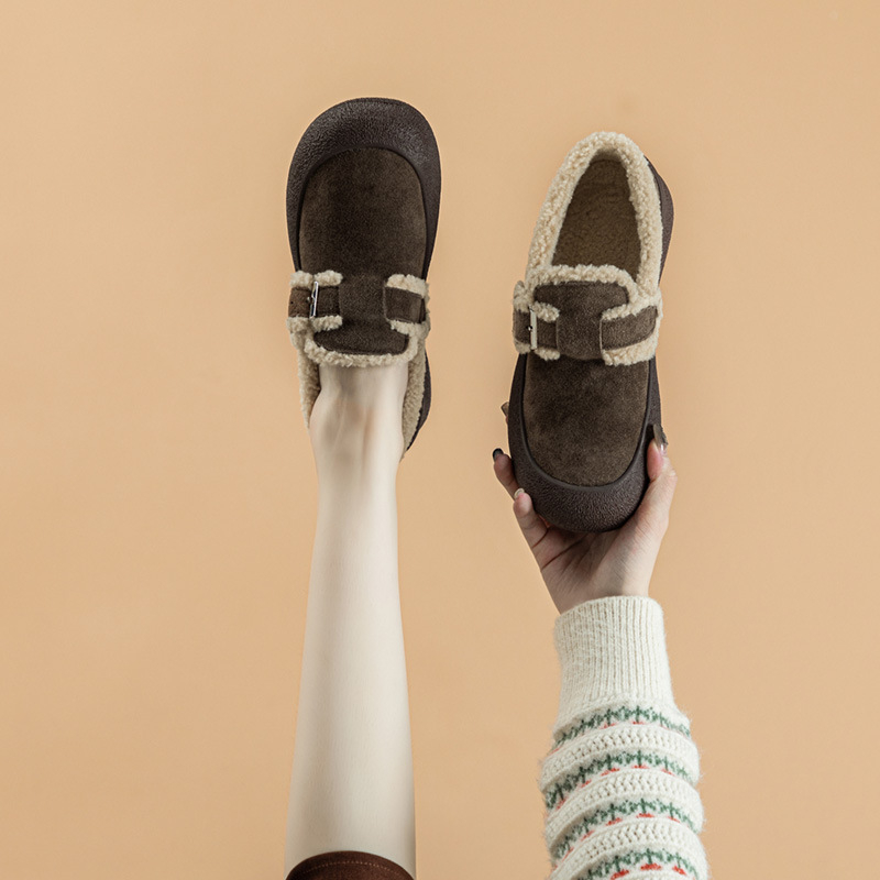 Ženske Birkenstock-stil cipele, gornji dio od telećeg velura, umjetna krzna, gumeni potplat, niski gornji dio, srednji potpetica 3–5 cm (Jesen/Zima)
