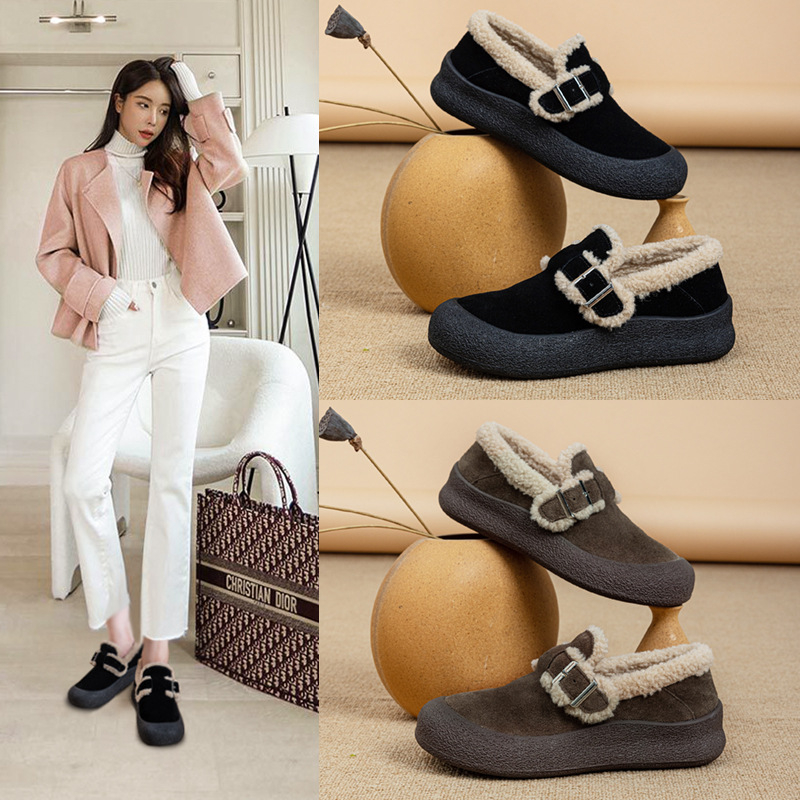 Ženske Birkenstock-stil cipele, gornji dio od telećeg velura, umjetna krzna, gumeni potplat, niski gornji dio, srednji potpetica 3–5 cm (Jesen/Zima)