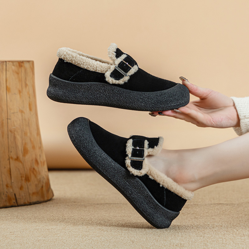 Ženske Birkenstock-stil cipele, gornji dio od telećeg velura, umjetna krzna, gumeni potplat, niski gornji dio, srednji potpetica 3–5 cm (Jesen/Zima)