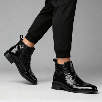 Мъжки обувки Челси със страничен цип, висок модел, остър нос, Split Leather горна част, топла мрежеста подплата