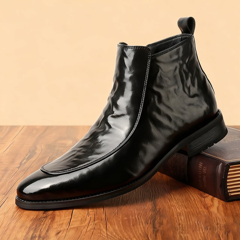 Мъжки обувки Челси със страничен цип, висок модел, остър нос, Split Leather горна част, топла мрежеста подплата