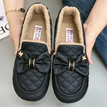 Mocasin de iarnă pentru femei, slip-on, cu exterior din piele artificială, căptușeală pluș, talpă PU