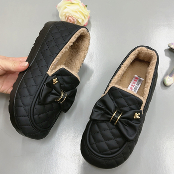 Mocasin de iarnă pentru femei, slip-on, cu exterior din piele artificială, căptușeală pluș, talpă PU