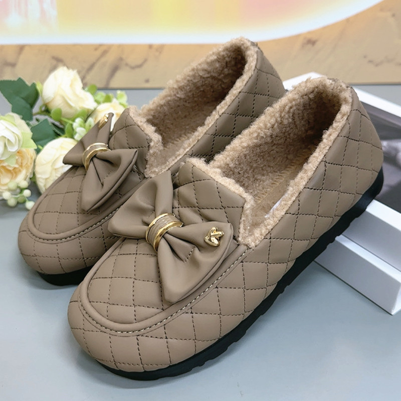 Mocasin de iarnă pentru femei, slip-on, cu exterior din piele artificială, căptușeală pluș, talpă PU
