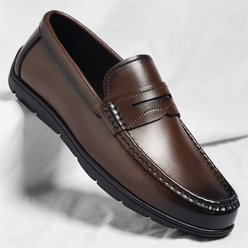 Muški kožni slip-on loaferi - gornji dio od reciklirane kože, potplat od gum, ulošak PU, okrugli vrh, prozračni, jesen 2025